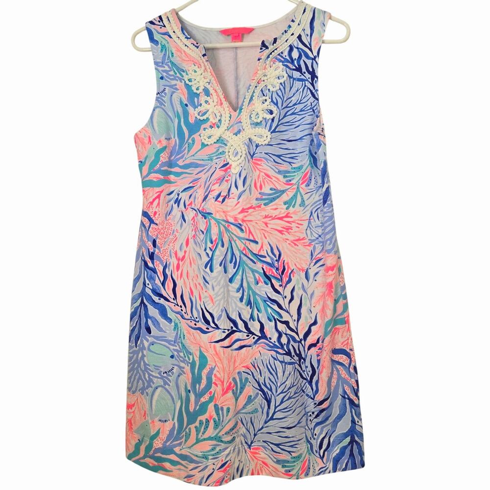 Lilly Pulitzer Harper Shift Dress M Sunshine Blue Pink State of Mind Braid Trim - Picture 3 of 9